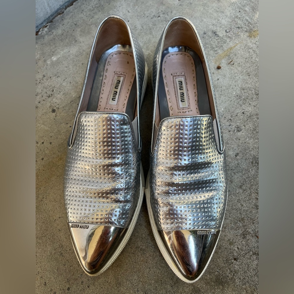 Miu Miu Silver Loafers with Metallic Finish
